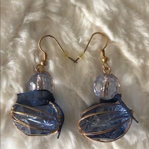 Blue beads wrapped in gold wire hook earrings